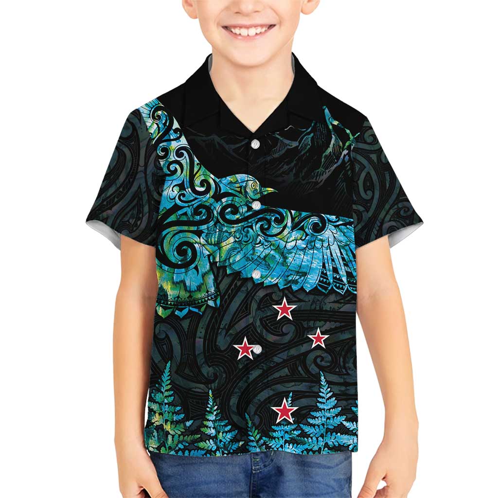 New Zealand Kea Bird Family Matching Tank Maxi Dress and Hawaiian Shirt Maori Tattoo and Silver Fern Paua Shell Style LT03 Son's Shirt Black - Polynesian Pride