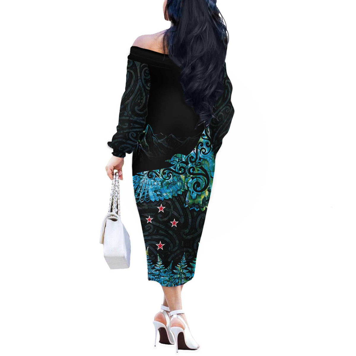 New Zealand Kea Bird Off The Shoulder Long Sleeve Dress Maori Tattoo and Silver Fern Paua Shell Style LT03 - Polynesian Pride