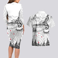 New Zealand Kea Bird Couples Matching Long Sleeve Bodycon Dress and Hawaiian Shirt Maori Tattoo and Silver Fern White Color