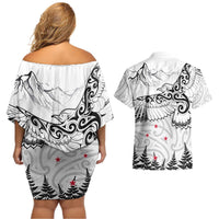 New Zealand Kea Bird Couples Matching Off Shoulder Short Dress and Hawaiian Shirt Maori Tattoo and Silver Fern White Color