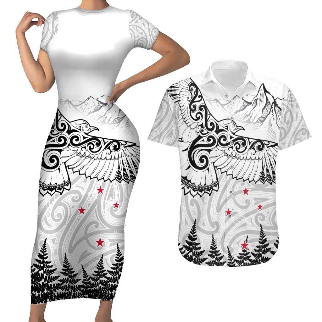 New Zealand Kea Bird Couples Matching Short Sleeve Bodycon Dress and Hawaiian Shirt Maori Tattoo and Silver Fern White Color LT03 White - Polynesian Pride