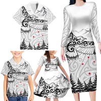 New Zealand Kea Bird Family Matching Long Sleeve Bodycon Dress and Hawaiian Shirt Maori Tattoo and Silver Fern White Color LT03 - Polynesian Pride