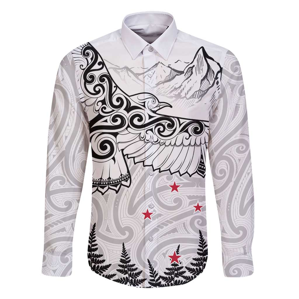New Zealand Kea Bird Family Matching Long Sleeve Bodycon Dress and Hawaiian Shirt Maori Tattoo and Silver Fern White Color LT03 Dad's Shirt - Long Sleeve White - Polynesian Pride