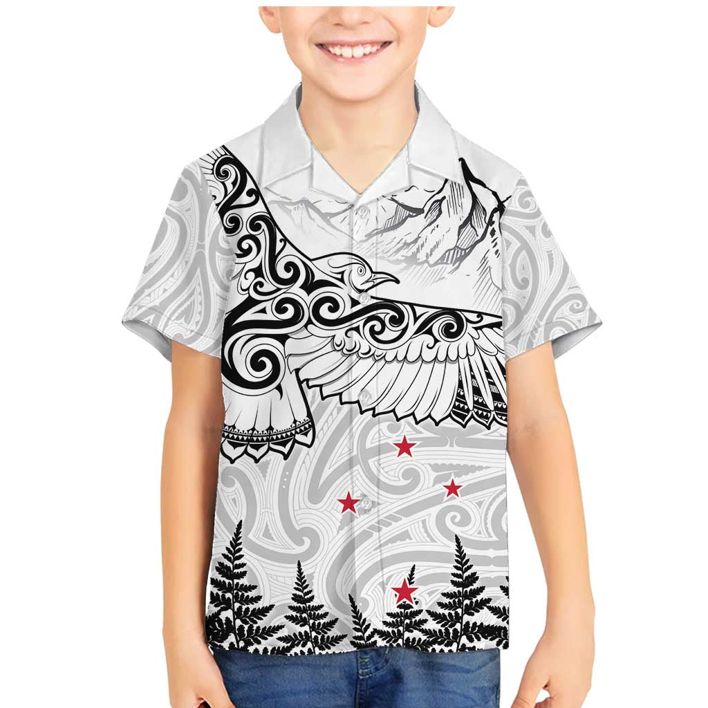 New Zealand Kea Bird Family Matching Mermaid Dress and Hawaiian Shirt Maori Tattoo and Silver Fern White Color LT03 Son's Shirt White - Polynesian Pride
