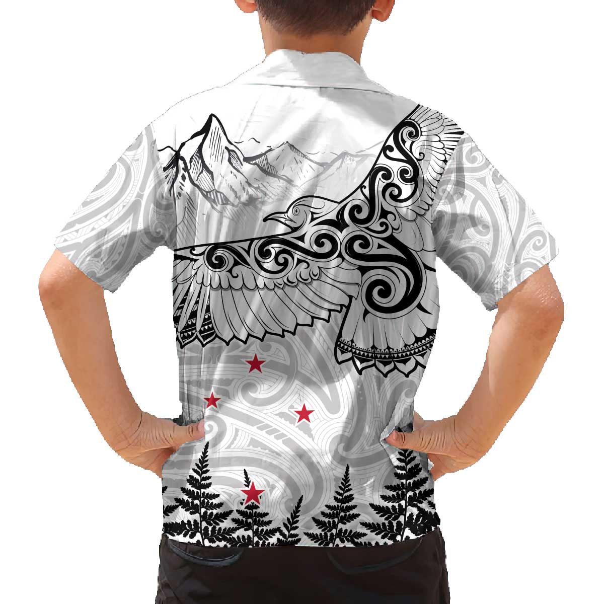 New Zealand Kea Bird Family Matching Off The Shoulder Long Sleeve Dress and Hawaiian Shirt Maori Tattoo and Silver Fern White Color LT03 - Polynesian Pride