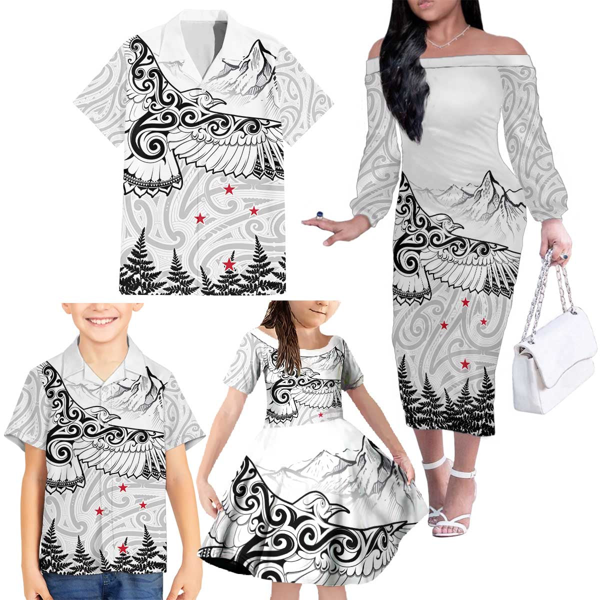 New Zealand Kea Bird Family Matching Off The Shoulder Long Sleeve Dress and Hawaiian Shirt Maori Tattoo and Silver Fern White Color LT03 - Polynesian Pride