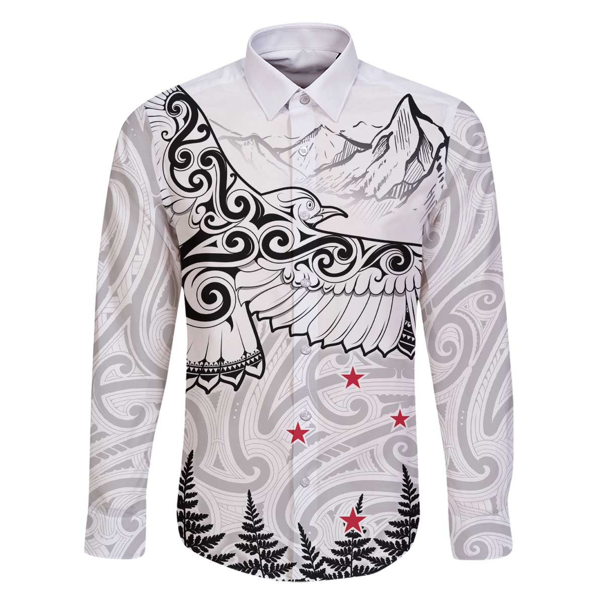 New Zealand Kea Bird Family Matching Off The Shoulder Long Sleeve Dress and Hawaiian Shirt Maori Tattoo and Silver Fern White Color LT03 Dad's Shirt - Long Sleeve White - Polynesian Pride