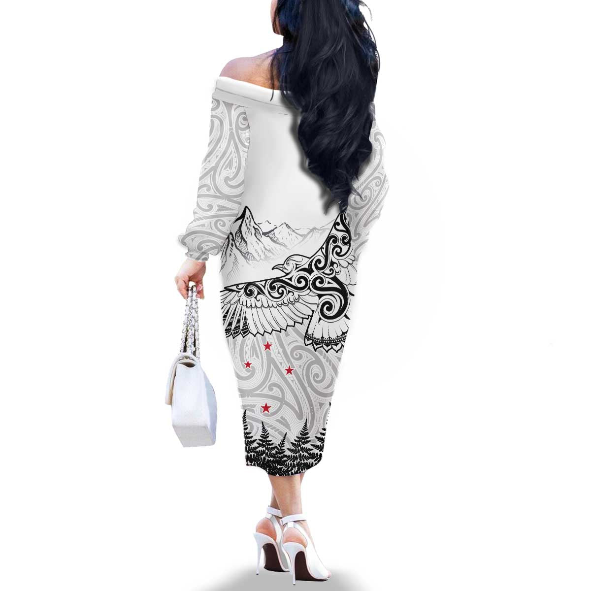 New Zealand Kea Bird Family Matching Off The Shoulder Long Sleeve Dress and Hawaiian Shirt Maori Tattoo and Silver Fern White Color LT03 - Polynesian Pride