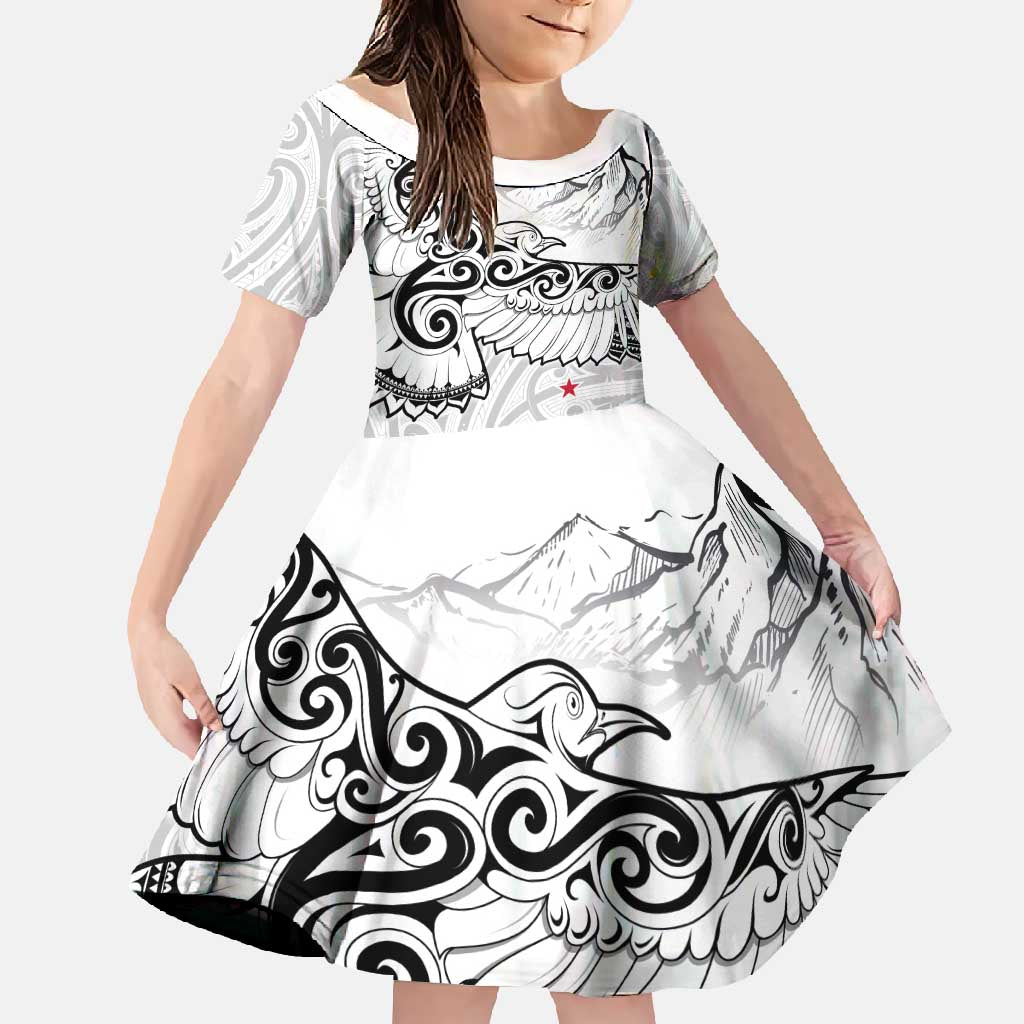 New Zealand Kea Bird Family Matching Off Shoulder Maxi Dress and Hawaiian Shirt Maori Tattoo and Silver Fern White Color LT03 Daughter's Dress White - Polynesian Pride