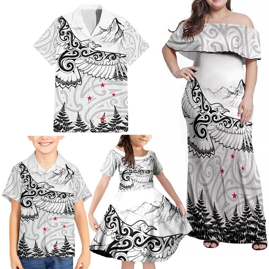 New Zealand Kea Bird Family Matching Off Shoulder Maxi Dress and Hawaiian Shirt Maori Tattoo and Silver Fern White Color LT03 - Polynesian Pride