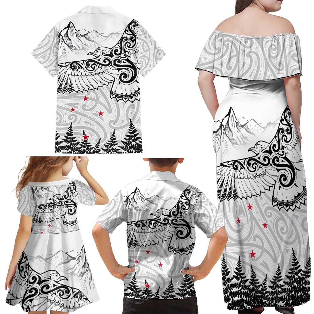 New Zealand Kea Bird Family Matching Off Shoulder Maxi Dress and Hawaiian Shirt Maori Tattoo and Silver Fern White Color LT03 - Polynesian Pride