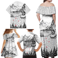 New Zealand Kea Bird Family Matching Off Shoulder Maxi Dress and Hawaiian Shirt Maori Tattoo and Silver Fern White Color LT03 - Polynesian Pride