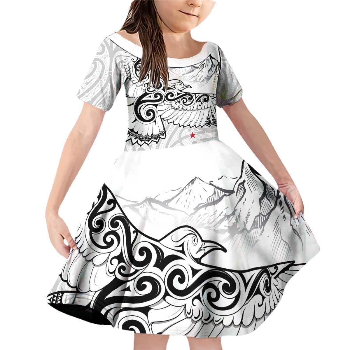New Zealand Kea Bird Family Matching Off Shoulder Short Dress and Hawaiian Shirt Maori Tattoo and Silver Fern White Color LT03 Daughter's Dress White - Polynesian Pride