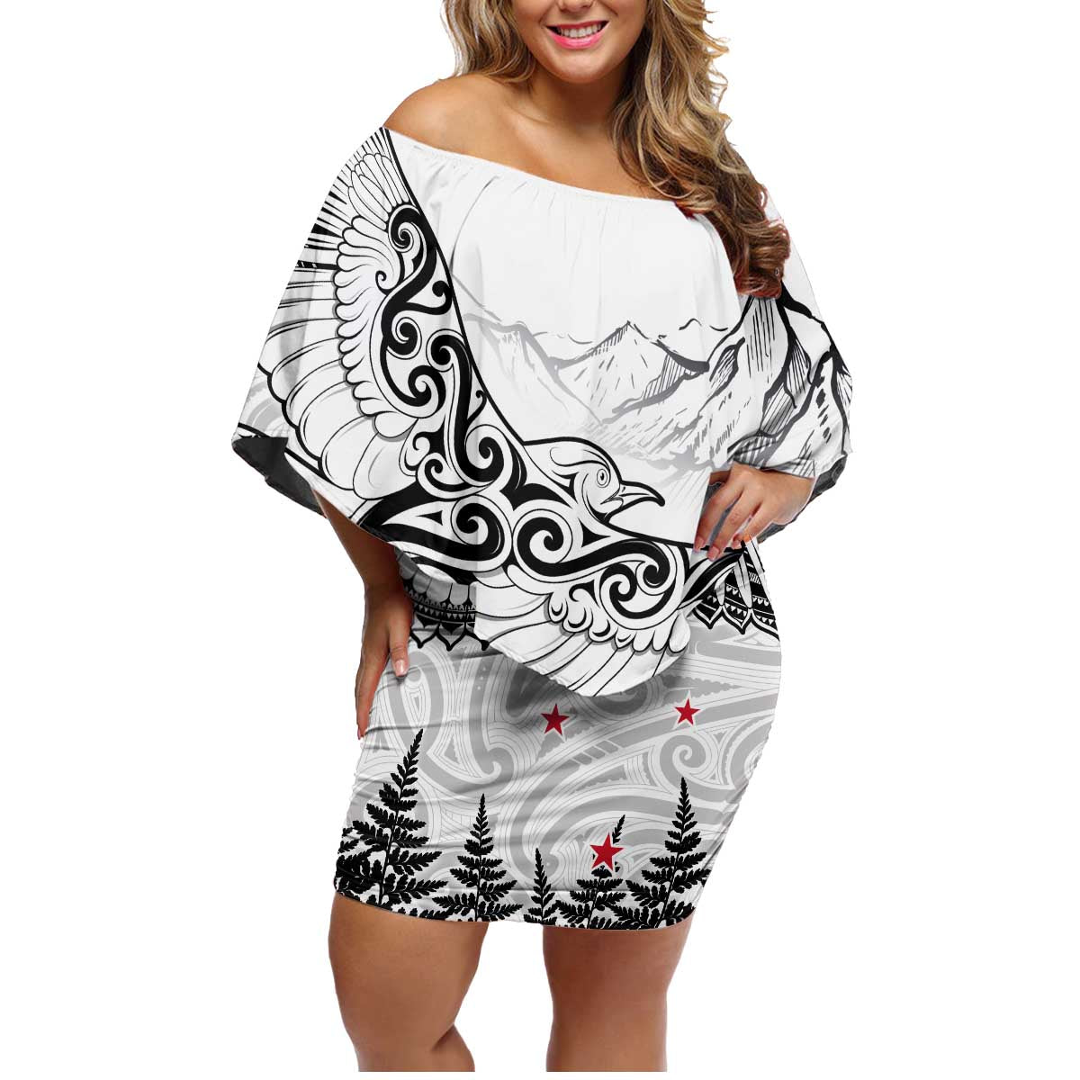 New Zealand Kea Bird Family Matching Off Shoulder Short Dress and Hawaiian Shirt Maori Tattoo and Silver Fern White Color LT03 Mom's Dress White - Polynesian Pride