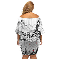 New Zealand Kea Bird Family Matching Off Shoulder Short Dress and Hawaiian Shirt Maori Tattoo and Silver Fern White Color LT03 - Polynesian Pride