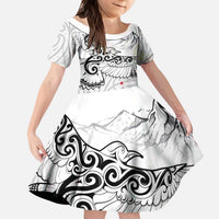 New Zealand Kea Bird Family Matching Puletasi and Hawaiian Shirt Maori Tattoo and Silver Fern White Color LT03 Daughter's Dress White - Polynesian Pride