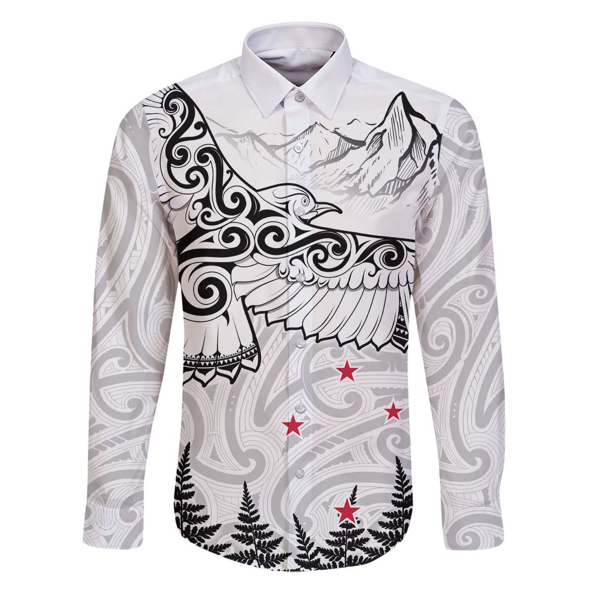 New Zealand Kea Bird Family Matching Puletasi and Hawaiian Shirt Maori Tattoo and Silver Fern White Color LT03 Dad's Shirt - Long Sleeve White - Polynesian Pride