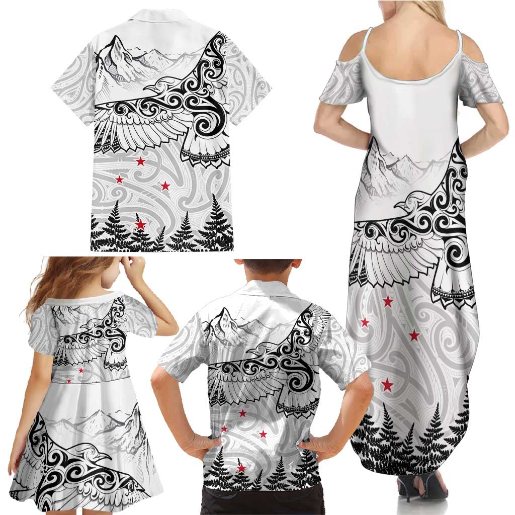 New Zealand Kea Bird Family Matching Summer Maxi Dress and Hawaiian Shirt Maori Tattoo and Silver Fern White Color LT03 - Polynesian Pride