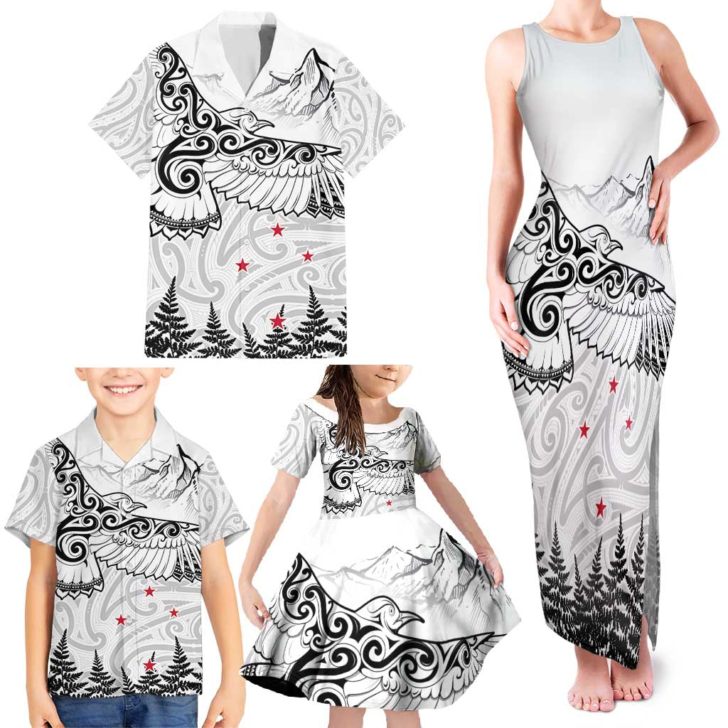 New Zealand Kea Bird Family Matching Tank Maxi Dress and Hawaiian Shirt Maori Tattoo and Silver Fern White Color LT03 - Polynesian Pride