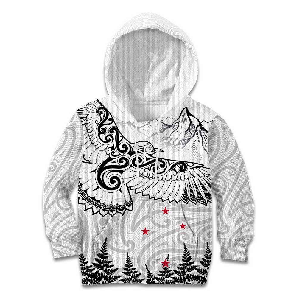 New Zealand Kea Bird Kid Hoodie Maori Tattoo and Silver Fern White Color LT03 Hoodie White - Polynesian Pride