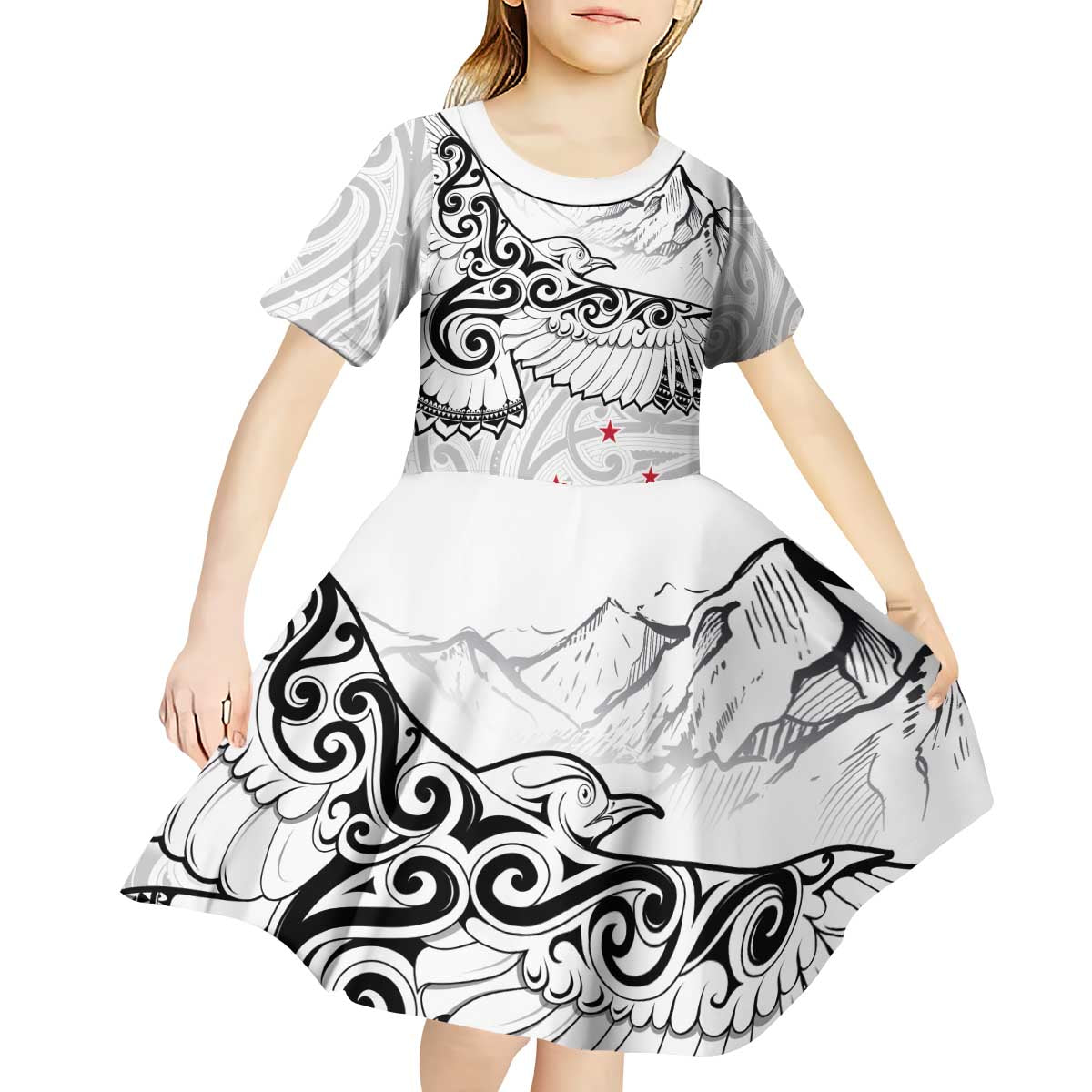 New Zealand Kea Bird Kid Short Sleeve Dress Maori Tattoo and Silver Fern White Color LT03 - Polynesian Pride