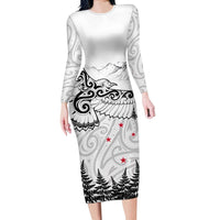 New Zealand Kea Bird Long Sleeve Bodycon Dress Maori Tattoo and Silver Fern White Color LT03 Long Dress White - Polynesian Pride