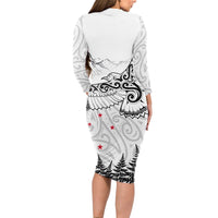 New Zealand Kea Bird Long Sleeve Bodycon Dress Maori Tattoo and Silver Fern White Color LT03 - Polynesian Pride