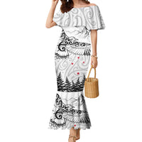 New Zealand Kea Bird Mermaid Dress Maori Tattoo and Silver Fern White Color LT03 Women White - Polynesian Pride