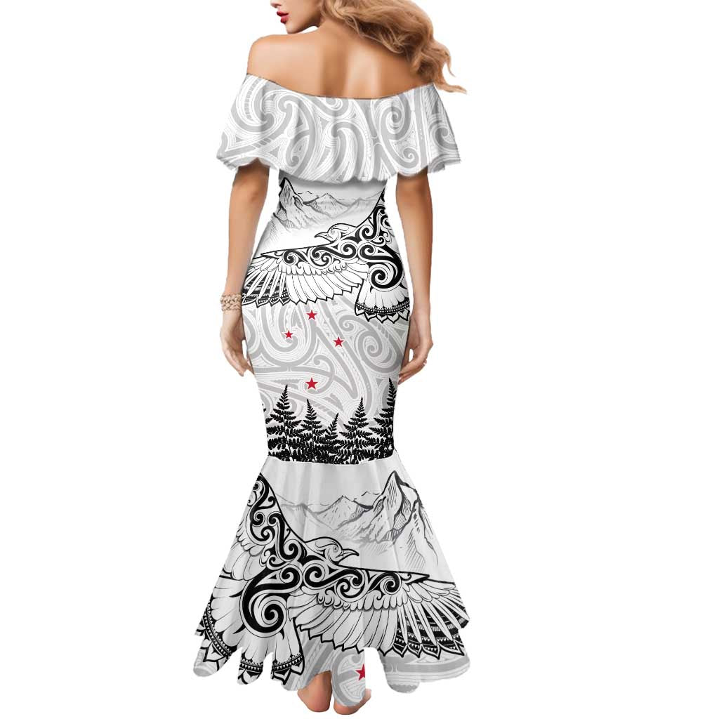 New Zealand Kea Bird Mermaid Dress Maori Tattoo and Silver Fern White Color LT03 - Polynesian Pride