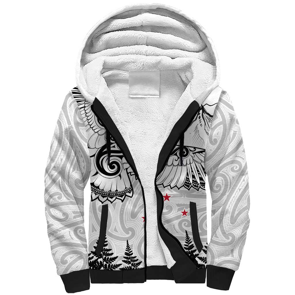 New Zealand Kea Bird Sherpa Hoodie Maori Tattoo and Silver Fern White Color LT03 Unisex White - Polynesian Pride