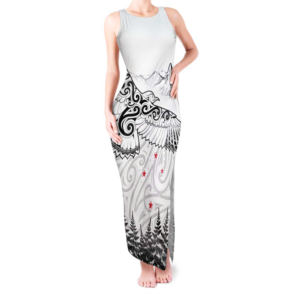 New Zealand Kea Bird Tank Maxi Dress Maori Tattoo and Silver Fern White Color LT03 Women White - Polynesian Pride
