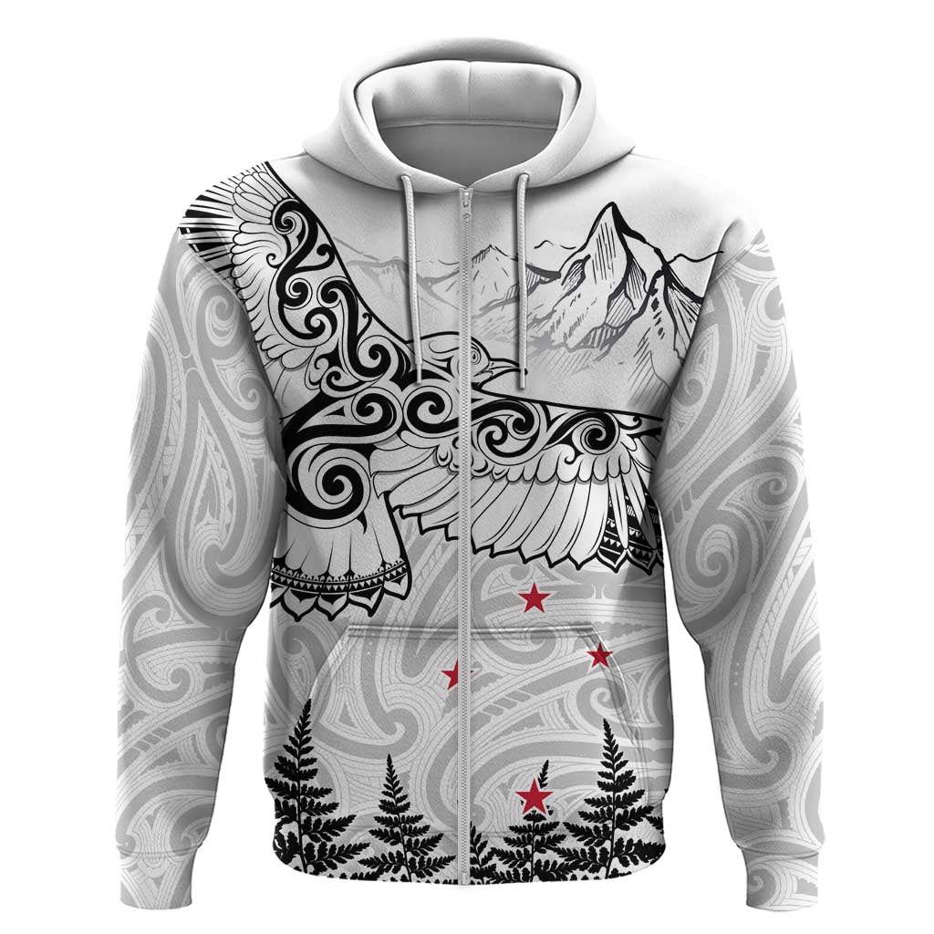 New Zealand Kea Bird Zip Hoodie Maori Tattoo and Silver Fern White Color LT03 Zip Hoodie White - Polynesian Pride