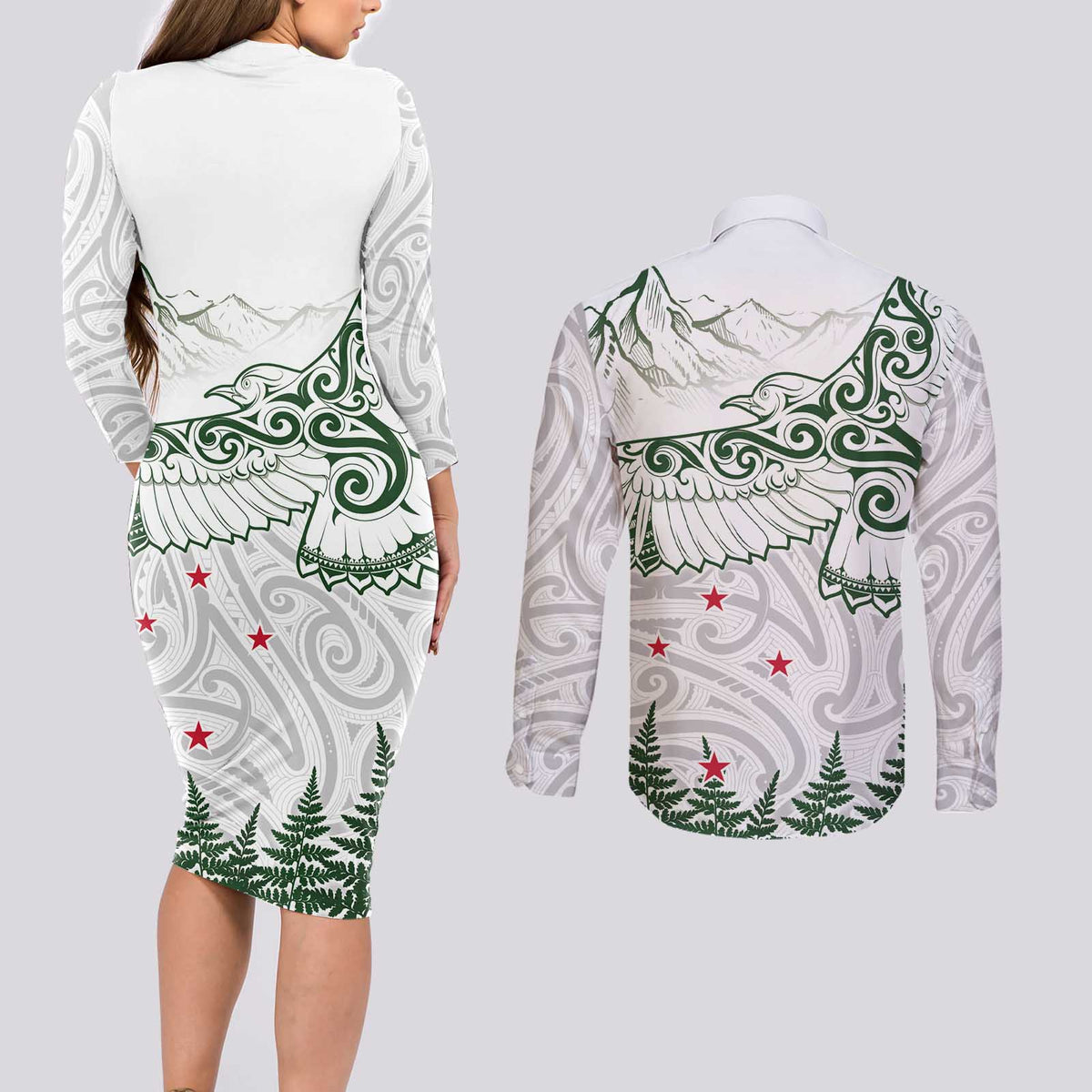 New Zealand Kea Bird Couples Matching Long Sleeve Bodycon Dress and Long Sleeve Button Shirt Maori Tattoo and Silver Fern Green Color