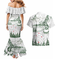 New Zealand Kea Bird Couples Matching Mermaid Dress and Hawaiian Shirt Maori Tattoo and Silver Fern Green Color LT03 - Polynesian Pride