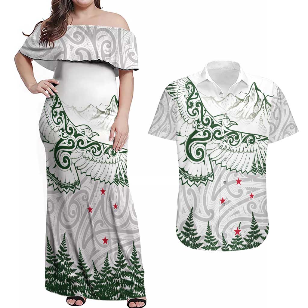 New Zealand Kea Bird Couples Matching Off Shoulder Maxi Dress and Hawaiian Shirt Maori Tattoo and Silver Fern Green Color LT03 White - Polynesian Pride