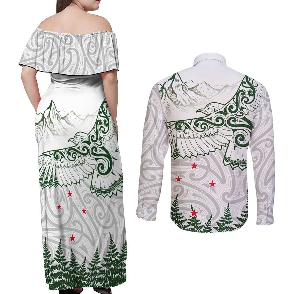 New Zealand Kea Bird Couples Matching Off Shoulder Maxi Dress and Long Sleeve Button Shirt Maori Tattoo and Silver Fern Green Color