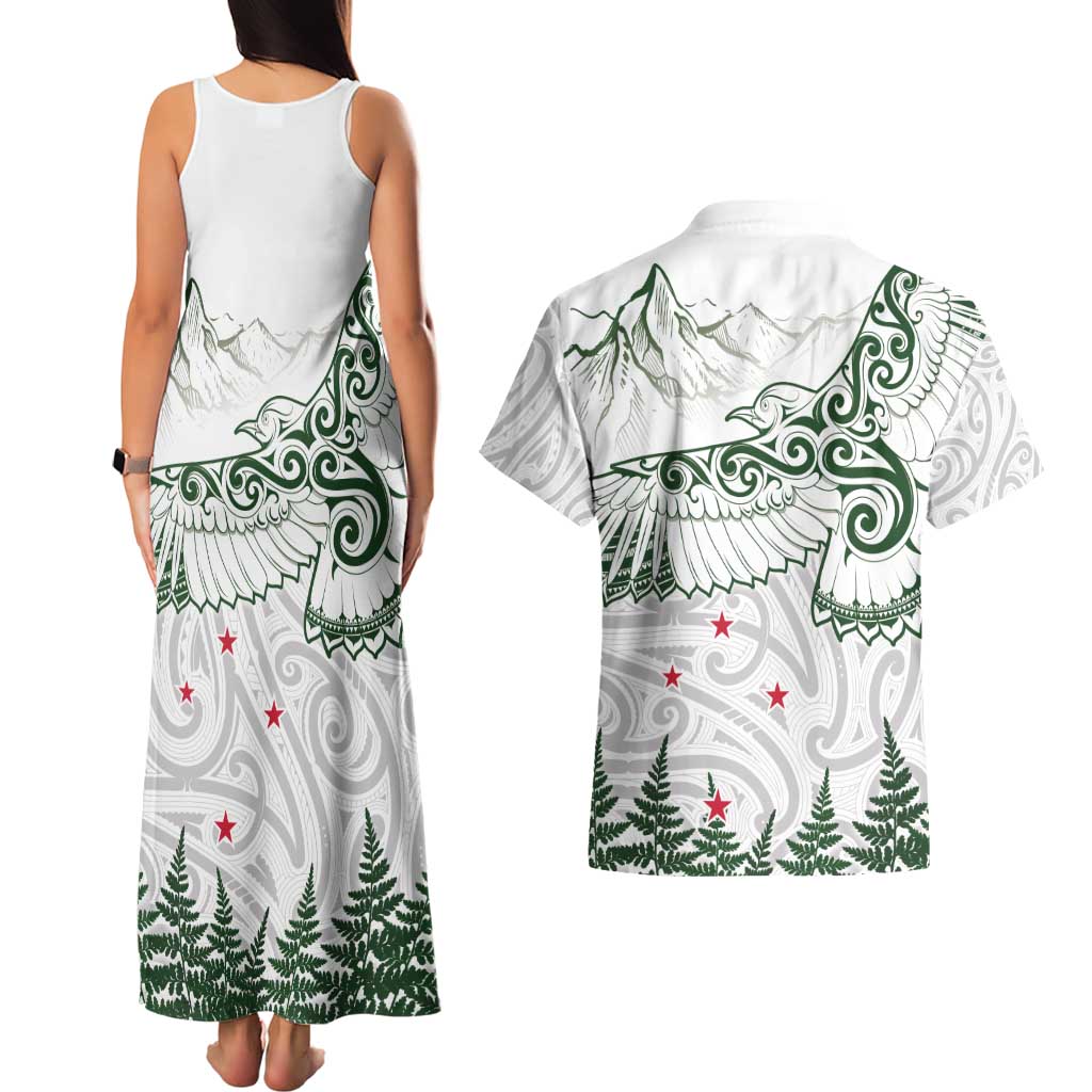 New Zealand Kea Bird Couples Matching Tank Maxi Dress and Hawaiian Shirt Maori Tattoo and Silver Fern Green Color