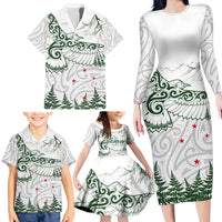 New Zealand Kea Bird Family Matching Long Sleeve Bodycon Dress and Hawaiian Shirt Maori Tattoo and Silver Fern Green Color LT03 - Polynesian Pride