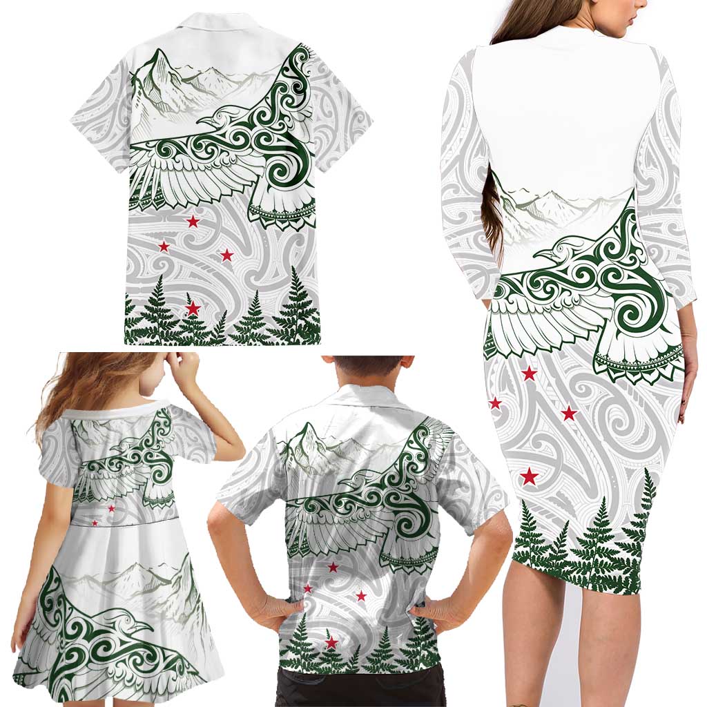 New Zealand Kea Bird Family Matching Long Sleeve Bodycon Dress and Hawaiian Shirt Maori Tattoo and Silver Fern Green Color LT03 - Polynesian Pride