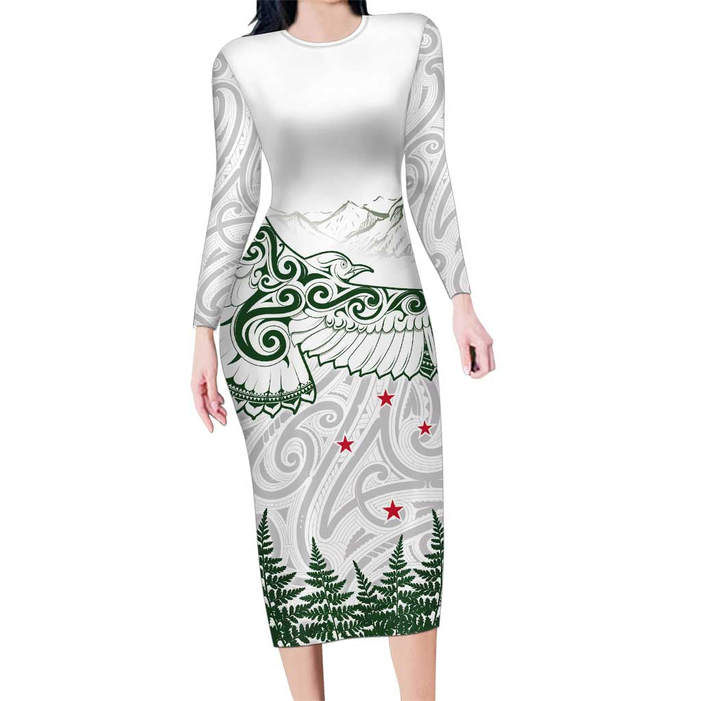New Zealand Kea Bird Family Matching Long Sleeve Bodycon Dress and Hawaiian Shirt Maori Tattoo and Silver Fern Green Color LT03 Mom's Dress White - Polynesian Pride