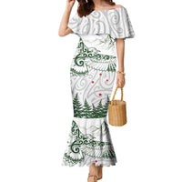 New Zealand Kea Bird Family Matching Mermaid Dress and Hawaiian Shirt Maori Tattoo and Silver Fern Green Color LT03 Mom's Dress White - Polynesian Pride