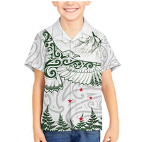 New Zealand Kea Bird Family Matching Mermaid Dress and Hawaiian Shirt Maori Tattoo and Silver Fern Green Color LT03 Son's Shirt White - Polynesian Pride