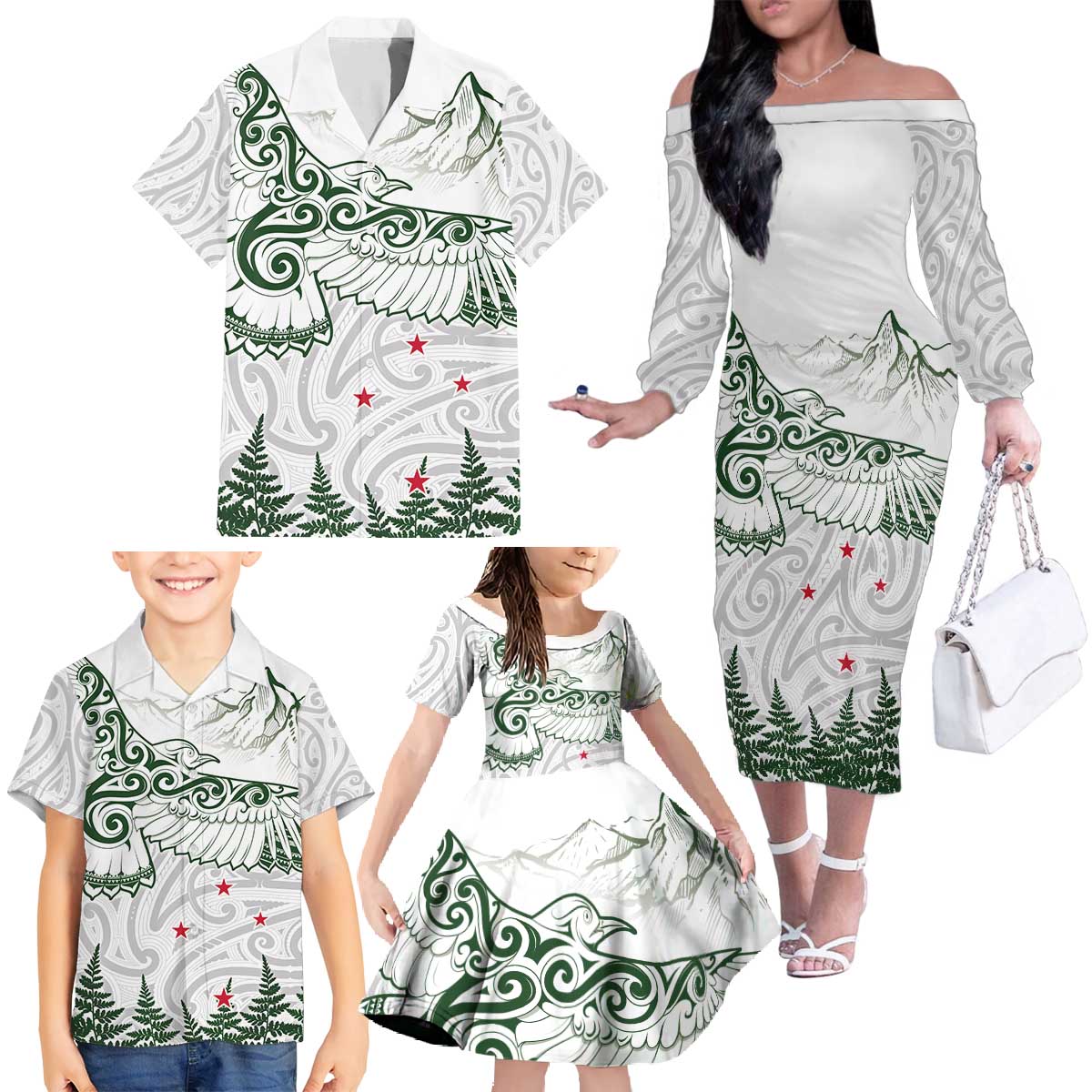 New Zealand Kea Bird Family Matching Off The Shoulder Long Sleeve Dress and Hawaiian Shirt Maori Tattoo and Silver Fern Green Color LT03 - Polynesian Pride