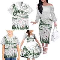 New Zealand Kea Bird Family Matching Off The Shoulder Long Sleeve Dress and Hawaiian Shirt Maori Tattoo and Silver Fern Green Color LT03 - Polynesian Pride