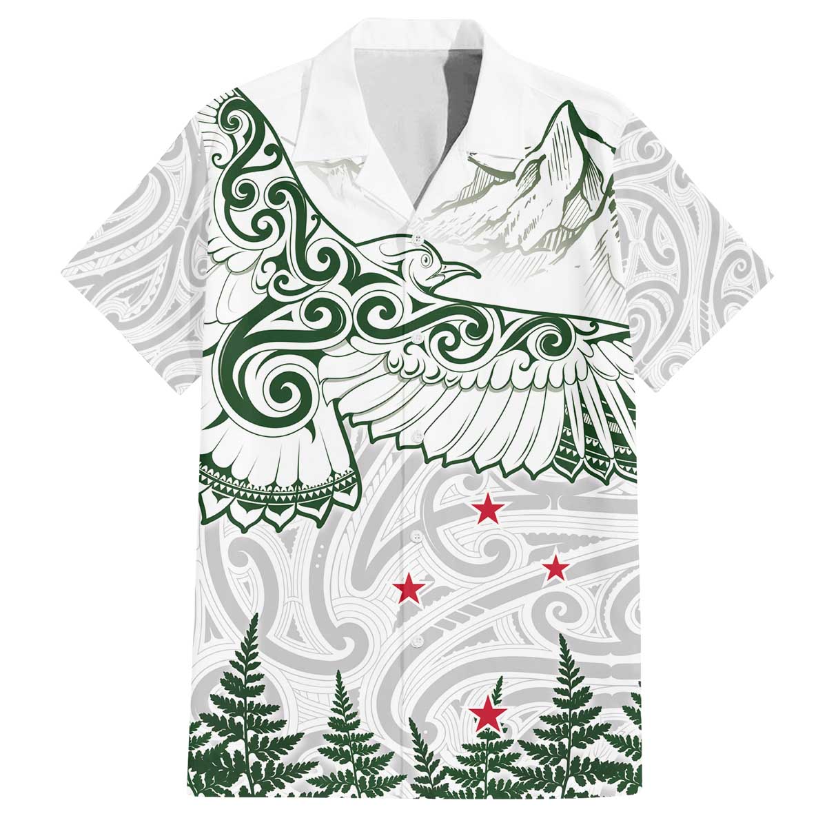 New Zealand Kea Bird Family Matching Off The Shoulder Long Sleeve Dress and Hawaiian Shirt Maori Tattoo and Silver Fern Green Color LT03 Dad's Shirt - Short Sleeve White - Polynesian Pride