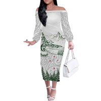 New Zealand Kea Bird Family Matching Off The Shoulder Long Sleeve Dress and Hawaiian Shirt Maori Tattoo and Silver Fern Green Color LT03 Mom's Dress White - Polynesian Pride