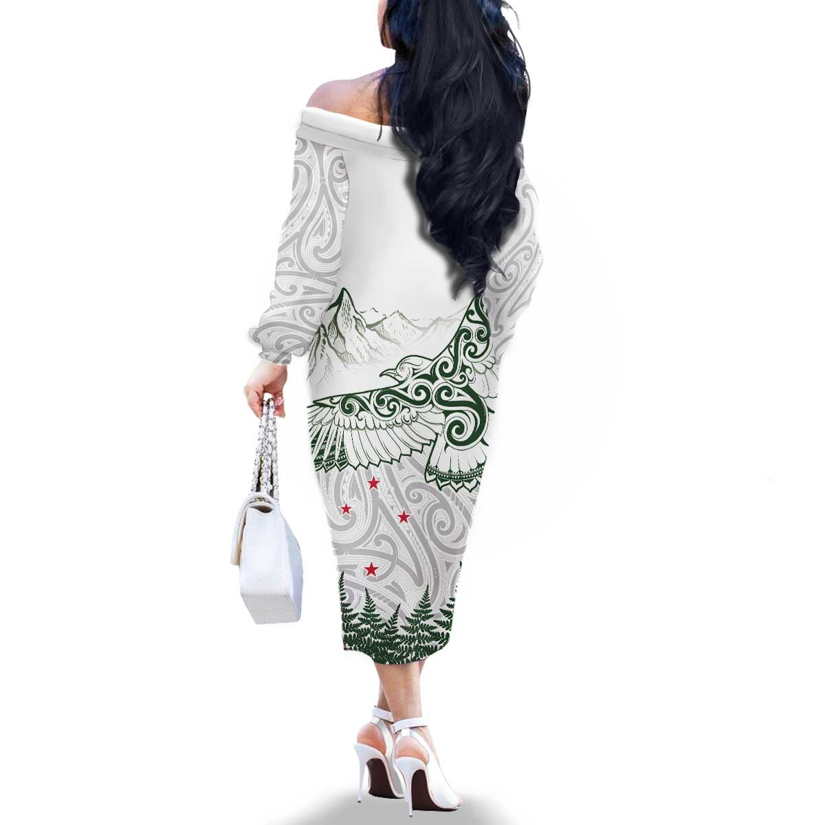 New Zealand Kea Bird Family Matching Off The Shoulder Long Sleeve Dress and Hawaiian Shirt Maori Tattoo and Silver Fern Green Color LT03 - Polynesian Pride