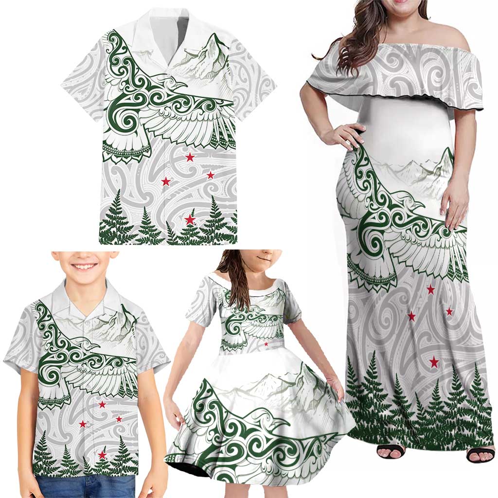New Zealand Kea Bird Family Matching Off Shoulder Maxi Dress and Hawaiian Shirt Maori Tattoo and Silver Fern Green Color LT03 - Polynesian Pride