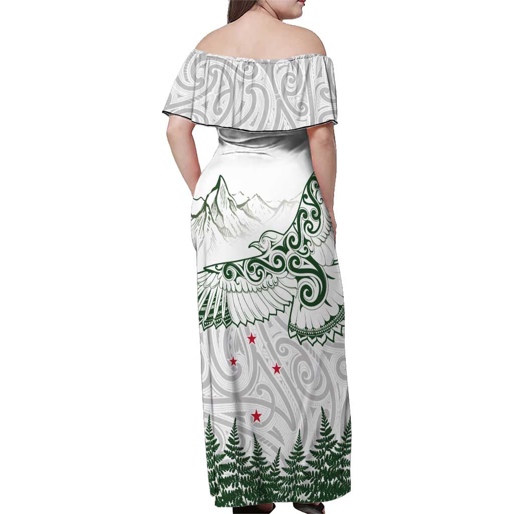 New Zealand Kea Bird Family Matching Off Shoulder Maxi Dress and Hawaiian Shirt Maori Tattoo and Silver Fern Green Color LT03 - Polynesian Pride