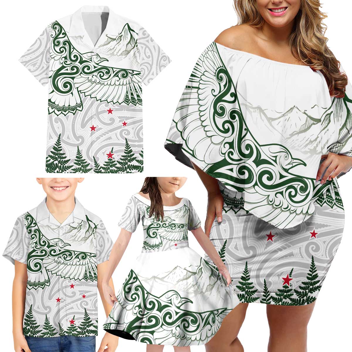 New Zealand Kea Bird Family Matching Off Shoulder Short Dress and Hawaiian Shirt Maori Tattoo and Silver Fern Green Color LT03 - Polynesian Pride